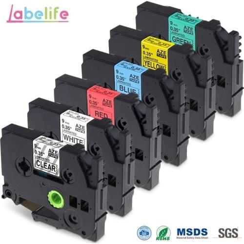 Labelife 6 Pack Multi-color 9mm TZe-121,TZe-221,TZe-421,TZe-521,TZe-621,TZe-721 Compatible Brother P-touch Printer Label Set
