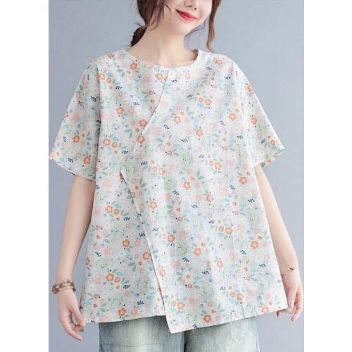 100% Cotton Women Summer Loose Casual T-shirts New Arrival 2021 Vintage Style Floral Print Female Short Sleeve Tops Tees B226