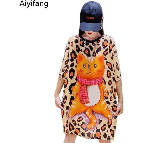 Womens Summer Leopard Mesh T shirt Tops Tide Brand Cartoon Print Tees Short-Sleeved Bottoming Shirt Loose Mid-Length T-shirt