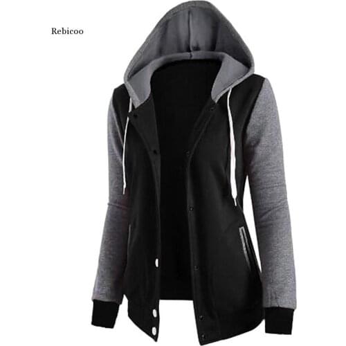 Splicing Hooded Pocket Long Sleeve Buckle Top Jacket Womens Sweatshirts