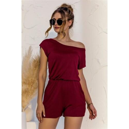 O-Neck Short Sleeve Mid Waist Casual Loose Playsuits Fashion Women Summer Solid Color Shorts Shrinkage Design Pockets Decor