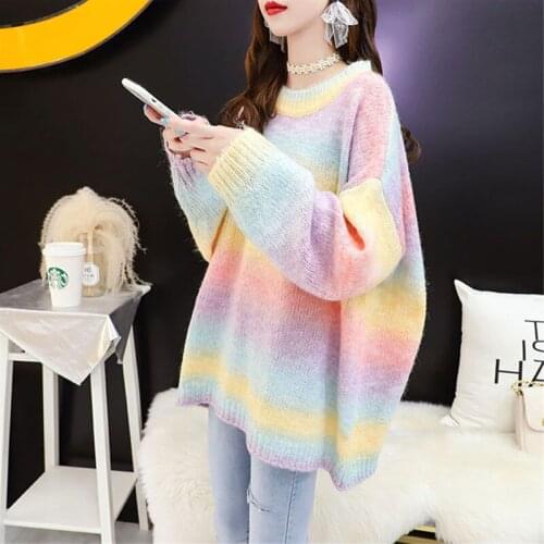 Autumn Winter Fashion Gradient Color Knitted Sweater Women O-Neck Long Sleeve Jumper Ladies Loose Knitted Pullover Tops Female