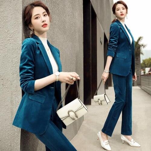 Women 2021 Autumn Winter Fashion Vintage Corduroy Blazer Suit Female Blazer Coat+ Pencil Pant Elegant Two Piece Set Outfit A236
