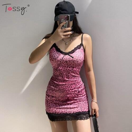 Tossy Pink Leopard Printed Lace Mini Dress Women Summer Patchwork Y2K Sleeveless Vintage Slim Cute Dress Fashion 2021 New