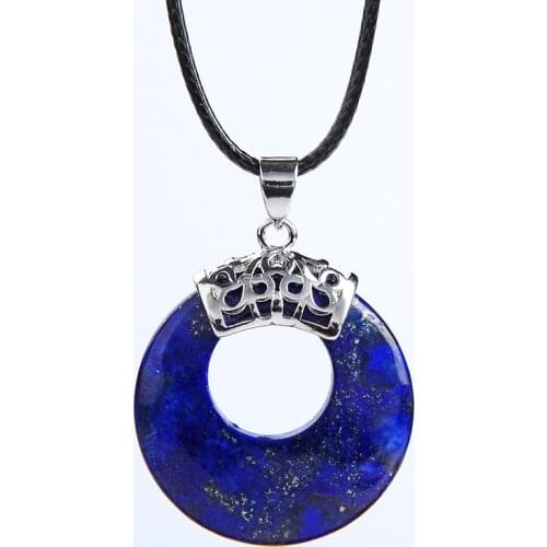 Fashion Natural Stone Pendant Necklace Hollow Circle Round Pink Quartz Lapis Lazuli Reiki Healing Women Necklaces Jewelry Gift