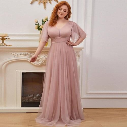 Evening Dress Elegant V-Neck Ruffles Short Sleeves Zipper Back Bling A-Line New Floor-Length Plus Size Women Formal Gowns D974