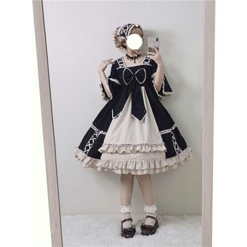 Gothic vintage sweet lolita dress lace bowknot square collar high waist loose victorian dress kawaii girl gothic lolita op cos