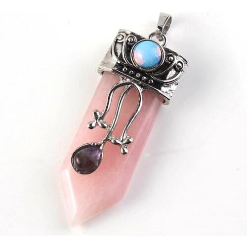 100-Unique 1 Pcs Silver Plated Natural Rose Pink Quartz Sword Pendant with Flower Elegant Women Jewelry
