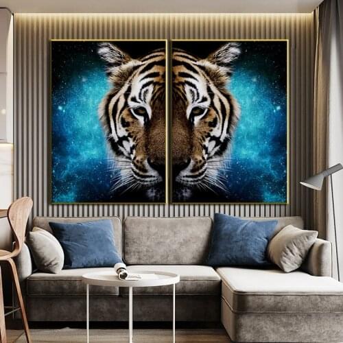 2 Panels Animal Art Poster Modern Tiger Canvas Painitng Wall Art Print and Picture For Living Room Home Decor Cuadros Frameless