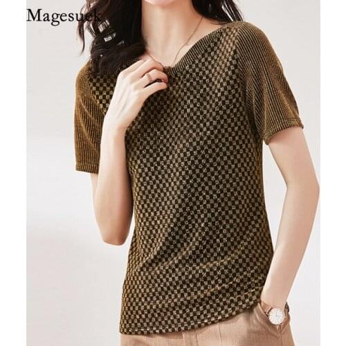 2021 Summer Short Sleeve Womens Shirt Loose O Neck Slim Glitter Knitted Blouses For Women 2021 Fashion Top Female Clothes 9444