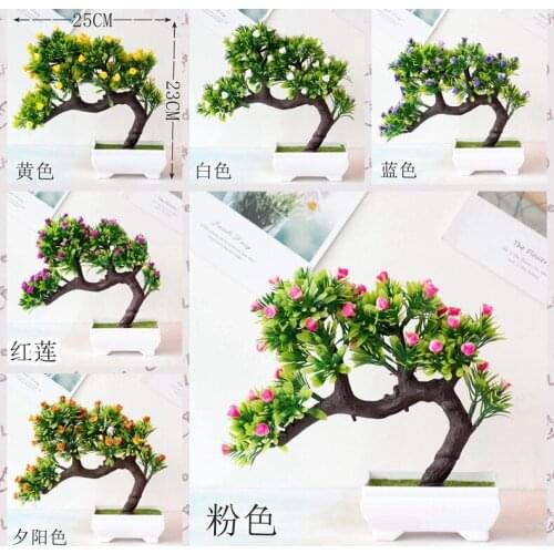 23x25cm Green Artificial Small Tree Potted Bonsai with Roses Flowers Home Bedroom Living Room Decoration Fake Plants Flores