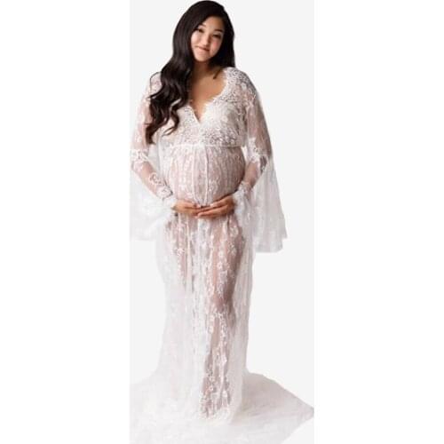 4# Plus Size Pregnent Lace Dress For Photo Shoot Women Long Sleeve Pregnant Maxi Dress Maternity Gown Dress For Photography Prop