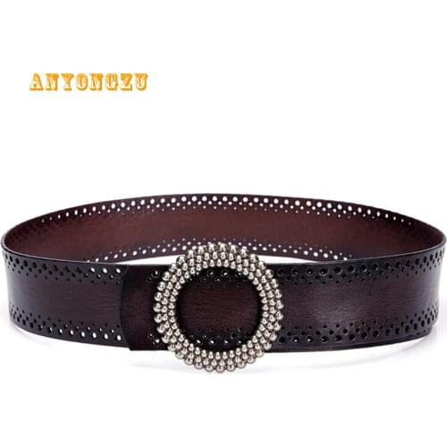 ANYONGZU Blackish Green Women Belt Real Leather High Quality Apparel Accessories Hole Ladies Belts For Dresses Luxury Brand