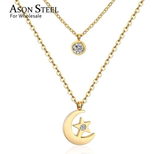 ASONSTEEL Moon Pendant Necklaces Stainless Steel Gold/Silver Color Double Chain Necklace Statement Jewelry Wholesale Party Gift