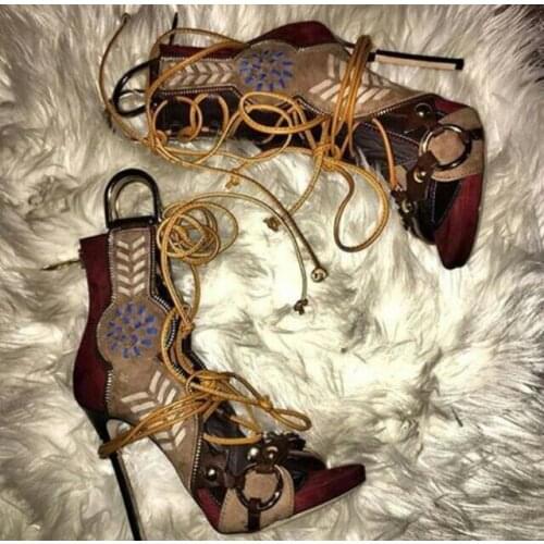 Newest design new multi-color lace up open toe high heel sandals cut-outs ring buckle sandal booties wholesale price