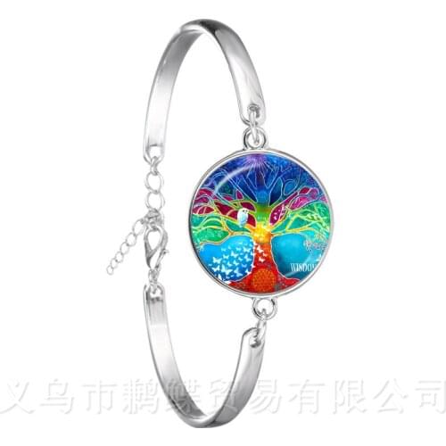 Tree of Life Leather Bird And Tree Picture Glass Cabochon Jewelry lack/Brown 2 Color Leather Bangle For Men Women Gift