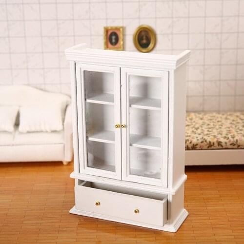 Home Baby Game Props Wooden Toys Mini Furniture House Accessories Miniature Simple Lockers White Double-door Glass Cabinets