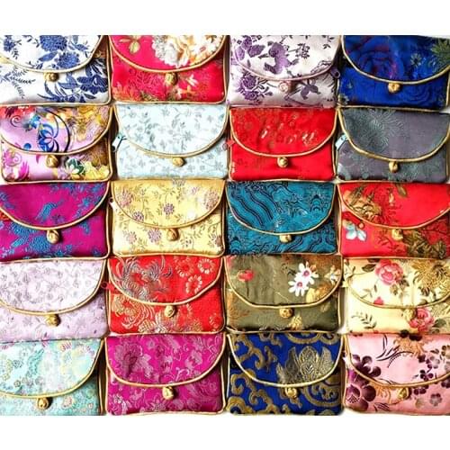 50pcs Chinese Silk Small Zipper Pouches Credit Card Holder Coin Purse Wedding Party Favor Christmas Gift Bags Jewelry Packaging