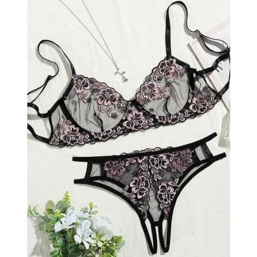 Embroidery Floral Lingerie 2 Pieces Set Transparent Underwear Women Push up Bra With Bone Erotic Lingerie Sensual Lingerie Set