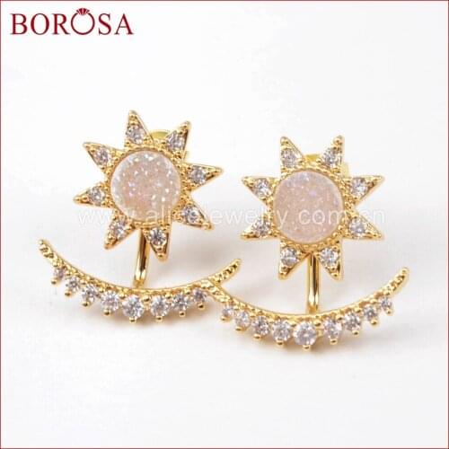 BOROSA 5Pairs Crescent Star Drusy Studs Gold Bezel Micro Pave Crystal Stars Moon Stud Mutli-Colors Gold Druzy Earrings ZG0248