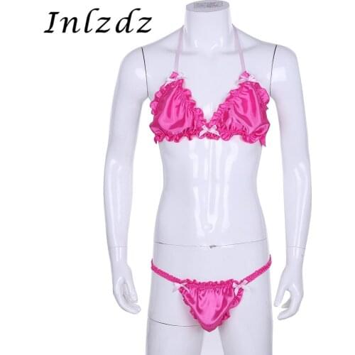Mens Sissy Crossdresser Exotic Sex Suit Ruffled Frilly Shiny Lingerie Set Strappy Halter Bikini Bra Top with Briefs Underwear