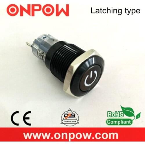 ONPOW 16mm Black aluminium latching on-off 12V LED Car Power symbol push button switch (LAS2GQF-ZDT/A) CE,RoHS