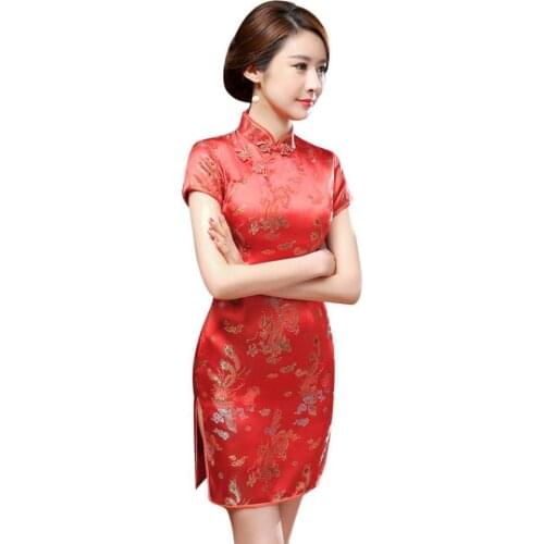 Cheongsams summer dress Women Chinese Dragon Phoenix Embroidery High Neck Short Sleeve Split Mini Dress dresses for women 2021