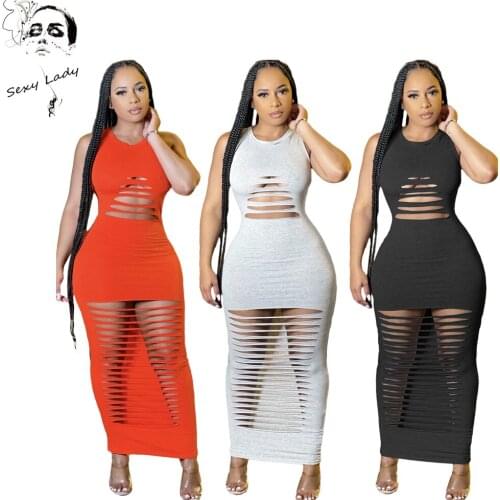 Sexy Lady Women Hole Out Sleeveless Basic Long Dress Fashion Streetwear O-Neck Bodycon Summer Outfits