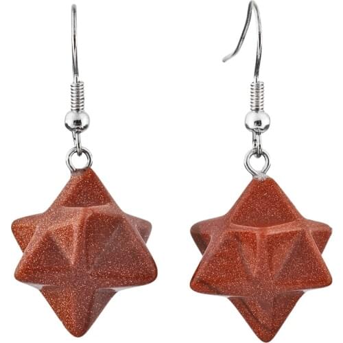 TUMBEELLUWA Gold Sand Stone Merkaba Star Dangle Drop Hook Earrings Healing Reiki Jewelry