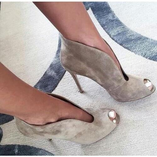 Chic Women Thin Heels Ankle Boots Suede Leather Front V Cut out Peep toe Gladiator Boots Street Outfit Dress Short Bottines