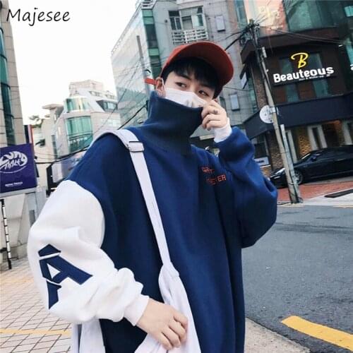 No Hat Hoodies Men Turtleneck Thicker Warm Soft Patchwork Leisure Daily Oversize Sweatshirts Mens Ulzzang High Quality Outwear