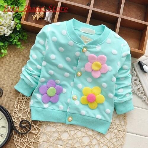 Outwear spring autumn jacket new childrens clothing baby girls cotton three Flowers spend dot cardigan Single-breasted coat