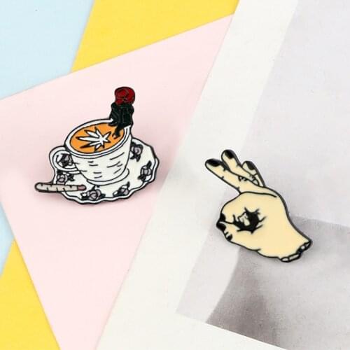 Funny OK Gesture Enamel Pin Creative Rose Coffee Cup Hand Brooches Lapel Pins Cartoon Shirt Bag Badges Jewelry Gift for Friends