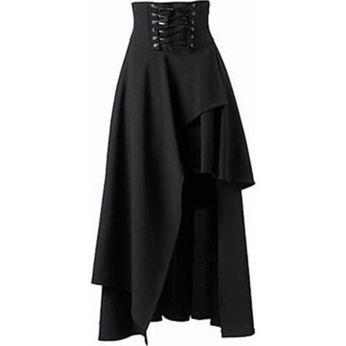 Bigsweety Womens Long Skirt Punk Rock Retro Clothing Gypsy Solid Colors Black Skirt Female Irregular Lace-Up Black Skirt New
