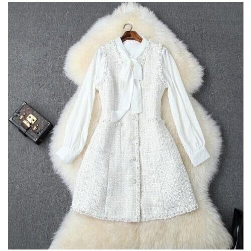 Autumn and winter womens new bow loose shirt + coarse tweed beaded vest skirt two-pieceT3725