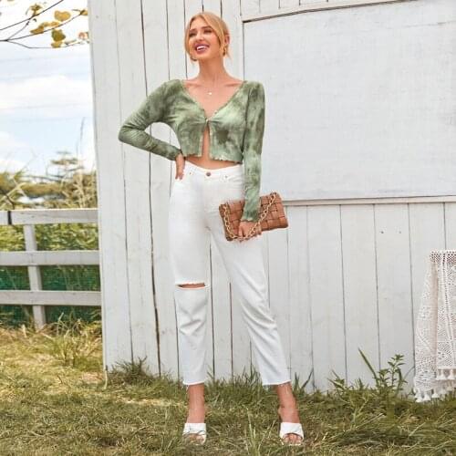 Female Sexy Short Crop Tops Spring Autumn Women Stretch Round Neck Long Sleeve Abstract Print T-Shirt Pullover