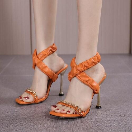 2021 New Summer Fashion Pleated Women Sandals China Design Metal High Heels Ladies Sandals Open Toe Shoes Big Size 35-42