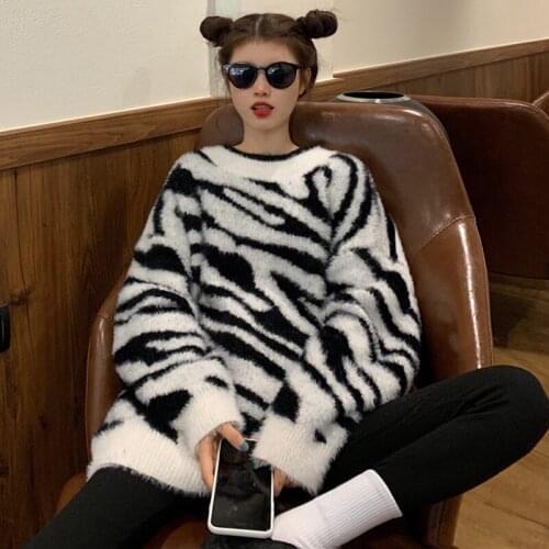 Autumn Zebra Pattern Mohair Knitted Sweater Women Long Sleeve Thick Winter Fashion Soft Lady Pullover Korean Long Sweaters New