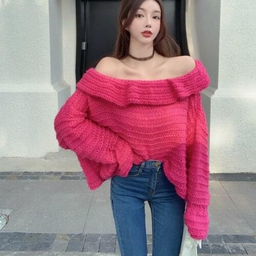 Sweet Fashion Autumn Off Shoulder Sweater Tops Chic Women Ruffles Knitted Flare Sleeve Ladies Slash Neck Loose Pullover