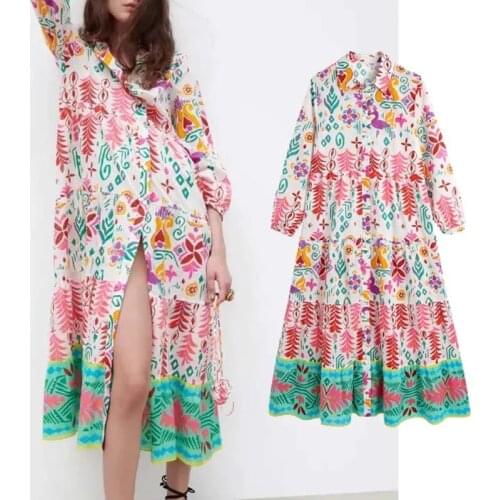 Za Summer Dress Woman Floral Print Shirt Long Dresses 2021 Ruched Wrist Sleeve Button-up Ruffle Casual Loose Midi Dress 4 orders