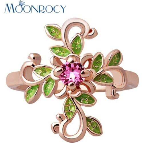 MOONROCY Cubic Zirconia Green PinkCrystal Rings for Women Jewelry Colourful Rose Gold Color Ring Leaf for Women Drop Shipping