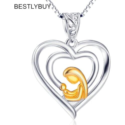 BESTLYBUY 925 Sterling Silver Mother and Child Heart Necklaces & Pendants For Women Girls Fine Jewelry Gift Free Shipping