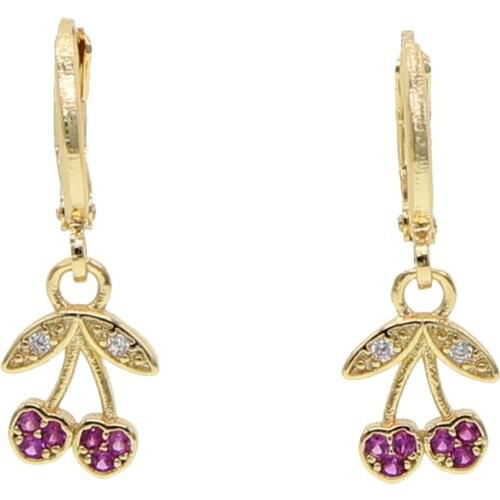 Gold silver color summer delicious fruit lovely earring with pink cubic zirconia cute mini cherry women fashion delicate jewelry