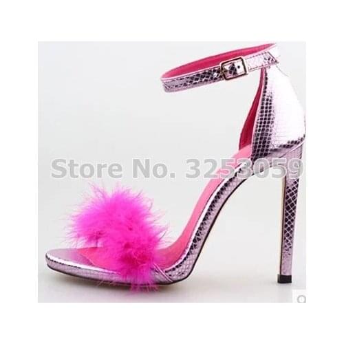 ALMUDENA Eye-sighted Pink Snakeskin Stiletto Heels Fur Sandals Romantic Covered Heel Wedding Shoes Young Girls Party Shoes