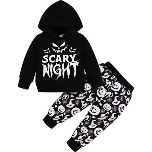 1-4Y Kids Boys Girls Halloween Clothes Set Letter Cartoon Long Sleeve Hooded Sweatshirt + Pumpkin Pants 2Pcs Tracksuit Outfits