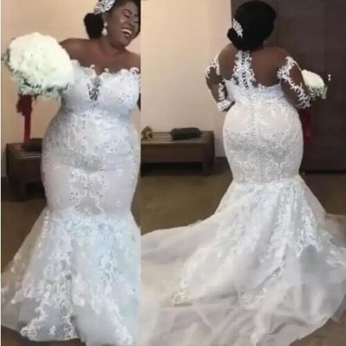 Long Lace Mermaid Wedding Dresses Plus SizeThrough Back Straps African Tulle Bridal Gowns for Women