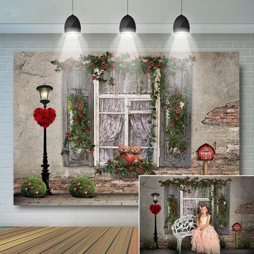 Valentines Day Brick Wall Steet Street Photography Background Lovers Bear Window Backdrop Rose Decor Dating Phone Photo Studio