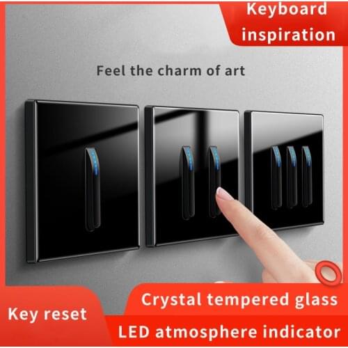 KAMANNI Home Improvement Wall Light Switch LED Indicator Crystal Tempered Glass Piano Key Model Power Button Switch Socket 220V