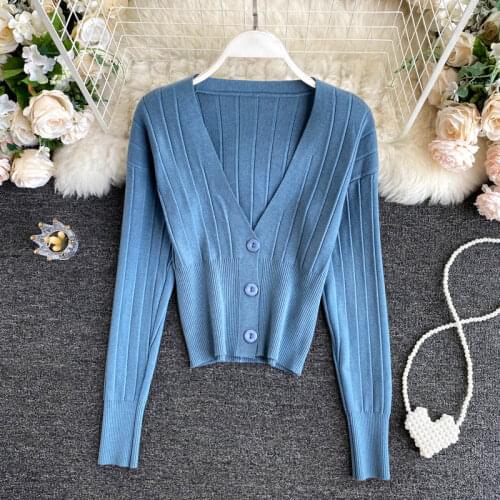 Womens Knitted Cardigan V Neck Vertical Stripes Long Sleeves Slim Thin Sweater Wholesale Autumn Winter 2021 New Female Clothes