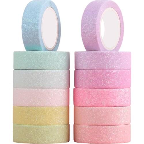 12pcs Macaron Color Washi Tape Set 15mm Glitter Bling Adhesive Masking Tapes Decoration Stickers Home DIY Art Diary Album F594